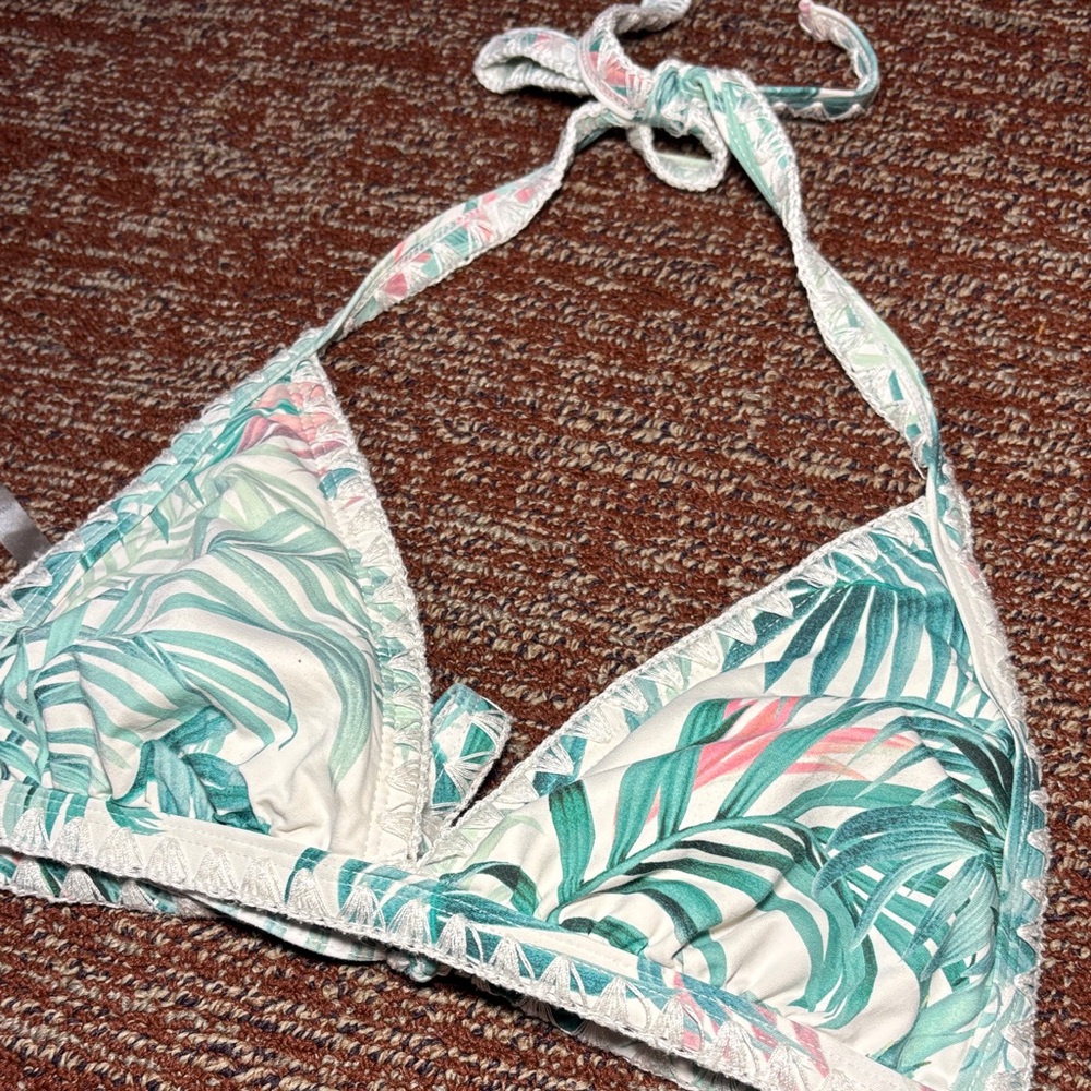 Mona B y2k tropical triangle tie halter bikini top pastel palm tree vacation top